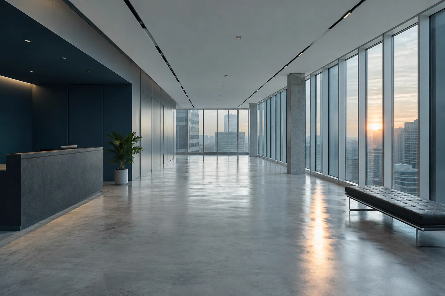 Modern office lobby with polished floors and clean glass entry doors
