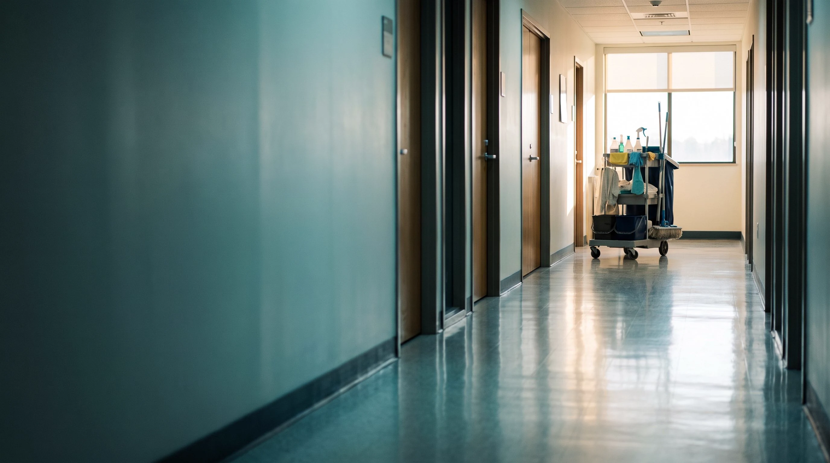 Professional janitorial cart parked in a quiet, polished office hallway